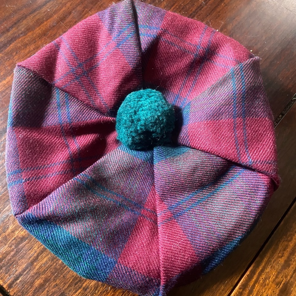 Kids Plaid Tam O' Shanter Hat with Teal Pom Pom
